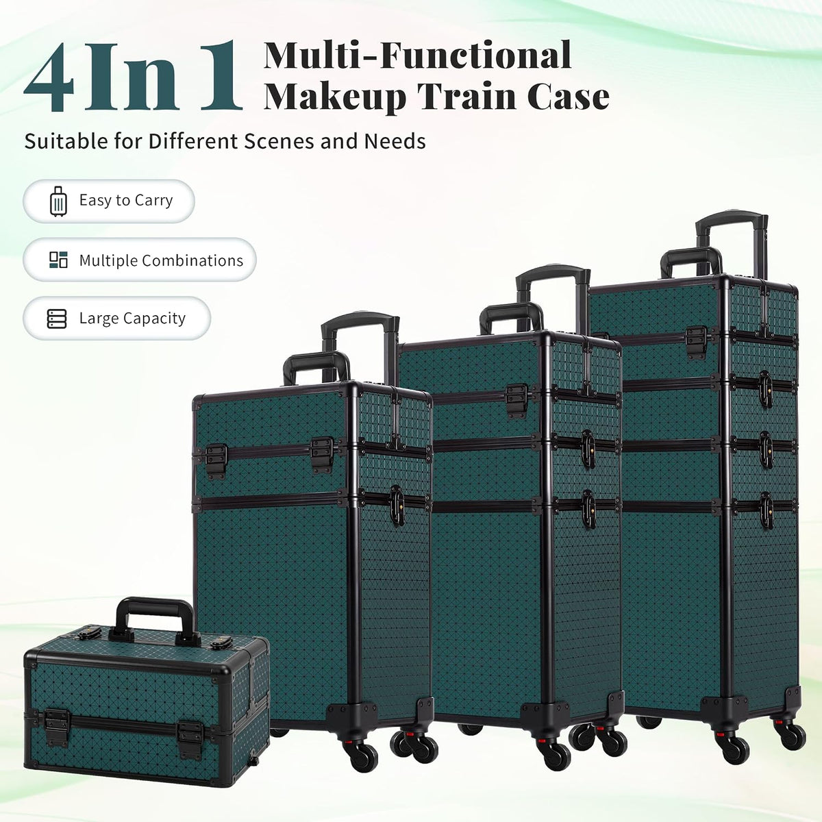 Rolling Makeup Train Case 4 in 1 Cosmetology Case on Wheels Large Storage Cosmetic Trolley with Key Salon Barber Case Traveling Cart Trunk, Pink