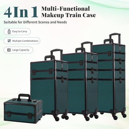 Rolling Makeup Train Case 4 in 1 Cosmetology Case on Wheels Large Storage Cosmetic Trolley with Key Salon Barber Case Traveling Cart Trunk, Pink