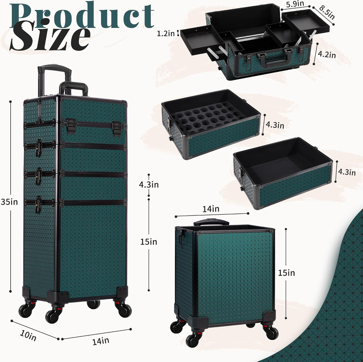 Rolling Makeup Train Case 4 in 1 Cosmetology Case on Wheels Large Storage Cosmetic Trolley with Key Salon Barber Case Traveling Cart Trunk, Pink
