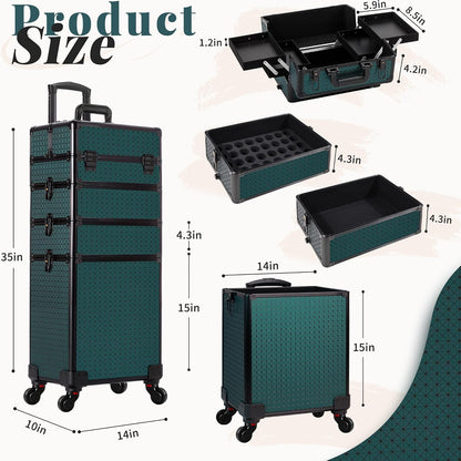 Rolling Makeup Train Case 4 in 1 Cosmetology Case on Wheels Large Storage Cosmetic Trolley with Key Salon Barber Case Traveling Cart Trunk, Pink