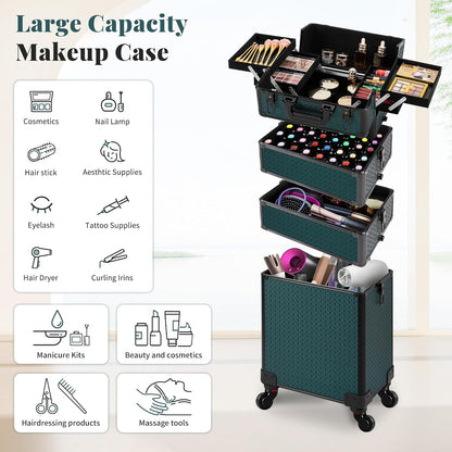 Rolling Makeup Train Case 4 in 1 Cosmetology Case on Wheels Large Storage Cosmetic Trolley with Key Salon Barber Case Traveling Cart Trunk, Pink