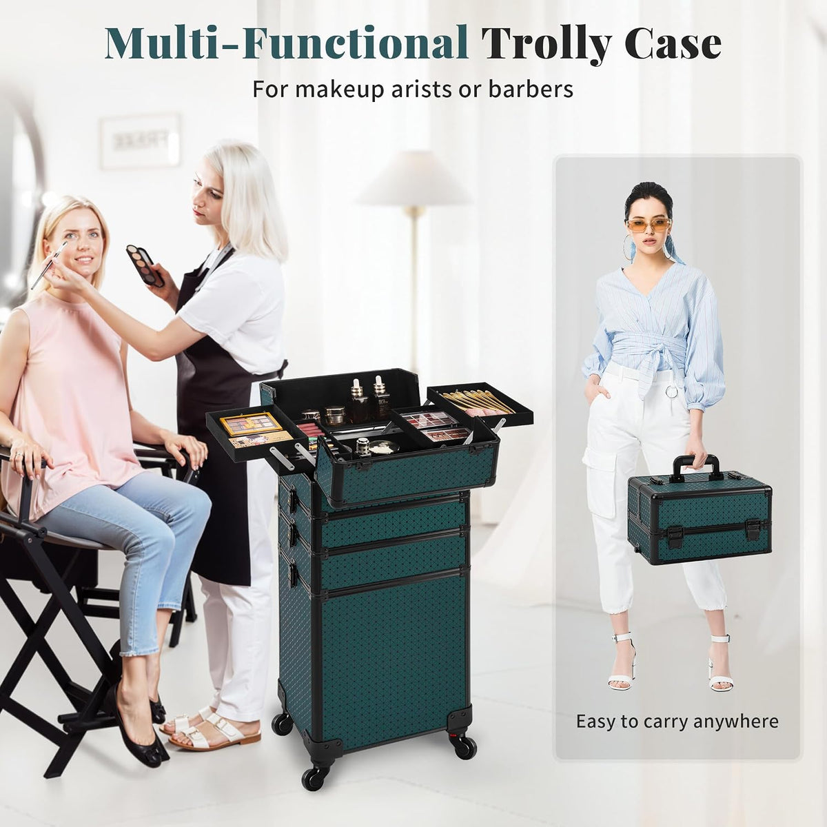 Rolling Makeup Train Case 4 in 1 Cosmetology Case on Wheels Large Storage Cosmetic Trolley with Key Salon Barber Case Traveling Cart Trunk, Pink