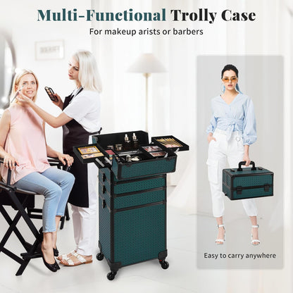 Rolling Makeup Train Case 4 in 1 Cosmetology Case on Wheels Large Storage Cosmetic Trolley with Key Salon Barber Case Traveling Cart Trunk, Pink