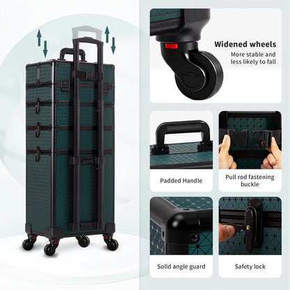 Rolling Makeup Train Case 4 in 1 Cosmetology Case on Wheels Large Storage Cosmetic Trolley with Key Salon Barber Case Traveling Cart Trunk, Pink