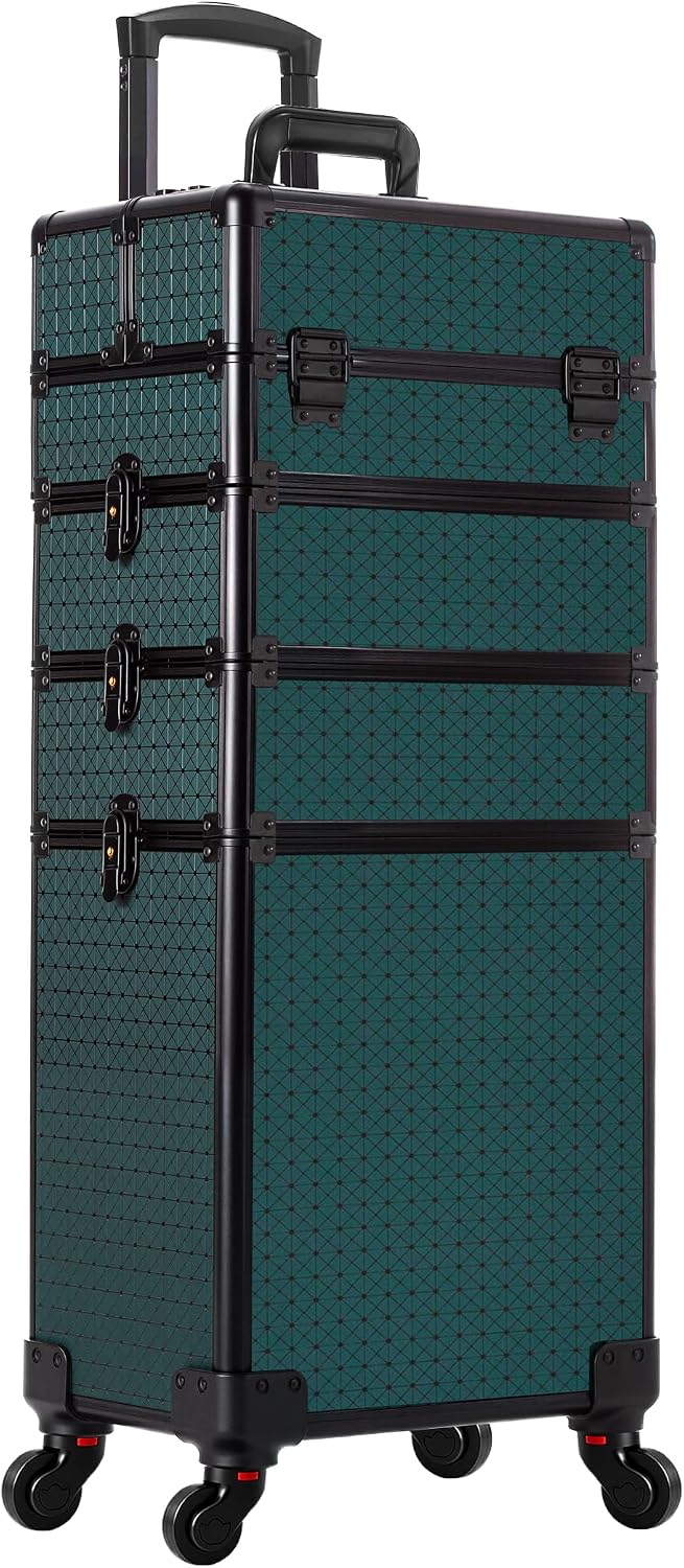 Rolling Makeup Train Case 4 in 1 Cosmetology Case on Wheels Large Storage Cosmetic Trolley with Key Salon Barber Case Traveling Cart Trunk, Pink