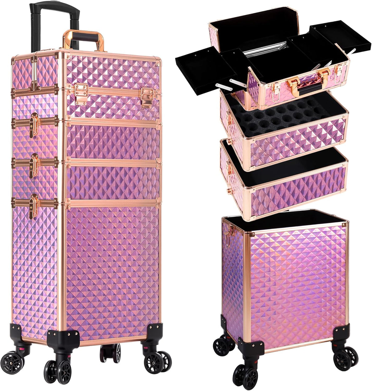 Rolling Makeup Train Case 4 in 1 Cosmetology Case on Wheels Large Storage Cosmetic Trolley with Key Salon Barber Case Traveling Cart Trunk, Pink
