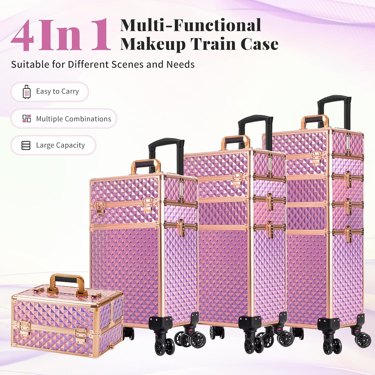 Rolling Makeup Train Case 4 in 1 Cosmetology Case on Wheels Large Storage Cosmetic Trolley with Key Salon Barber Case Traveling Cart Trunk, Pink