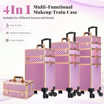 Rolling Makeup Train Case 4 in 1 Cosmetology Case on Wheels Large Storage Cosmetic Trolley with Key Salon Barber Case Traveling Cart Trunk, Pink