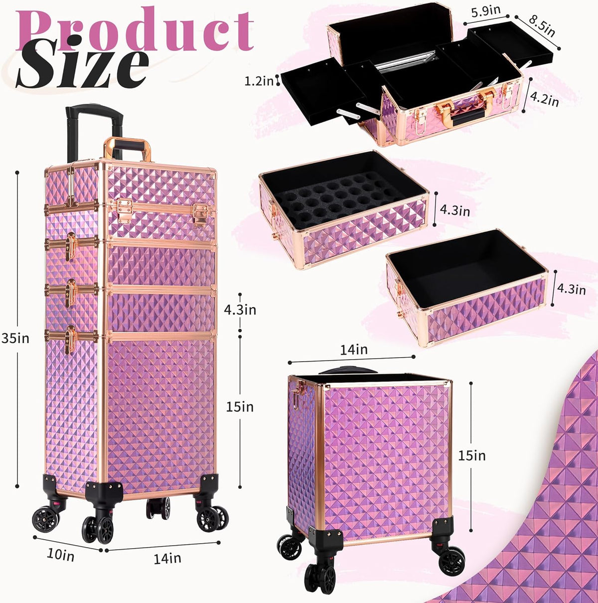 Rolling Makeup Train Case 4 in 1 Cosmetology Case on Wheels Large Storage Cosmetic Trolley with Key Salon Barber Case Traveling Cart Trunk, Pink