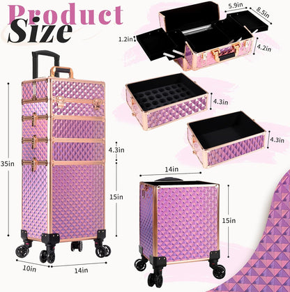 Rolling Makeup Train Case 4 in 1 Cosmetology Case on Wheels Large Storage Cosmetic Trolley with Key Salon Barber Case Traveling Cart Trunk, Pink