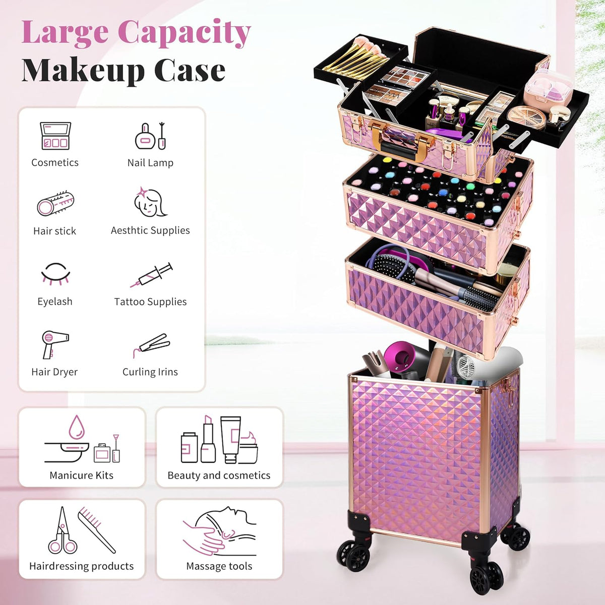 Rolling Makeup Train Case 4 in 1 Cosmetology Case on Wheels Large Storage Cosmetic Trolley with Key Salon Barber Case Traveling Cart Trunk, Pink