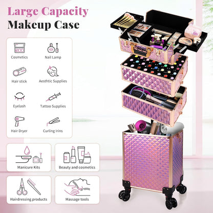 Rolling Makeup Train Case 4 in 1 Cosmetology Case on Wheels Large Storage Cosmetic Trolley with Key Salon Barber Case Traveling Cart Trunk, Pink