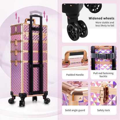 Rolling Makeup Train Case 4 in 1 Cosmetology Case on Wheels Large Storage Cosmetic Trolley with Key Salon Barber Case Traveling Cart Trunk, Pink