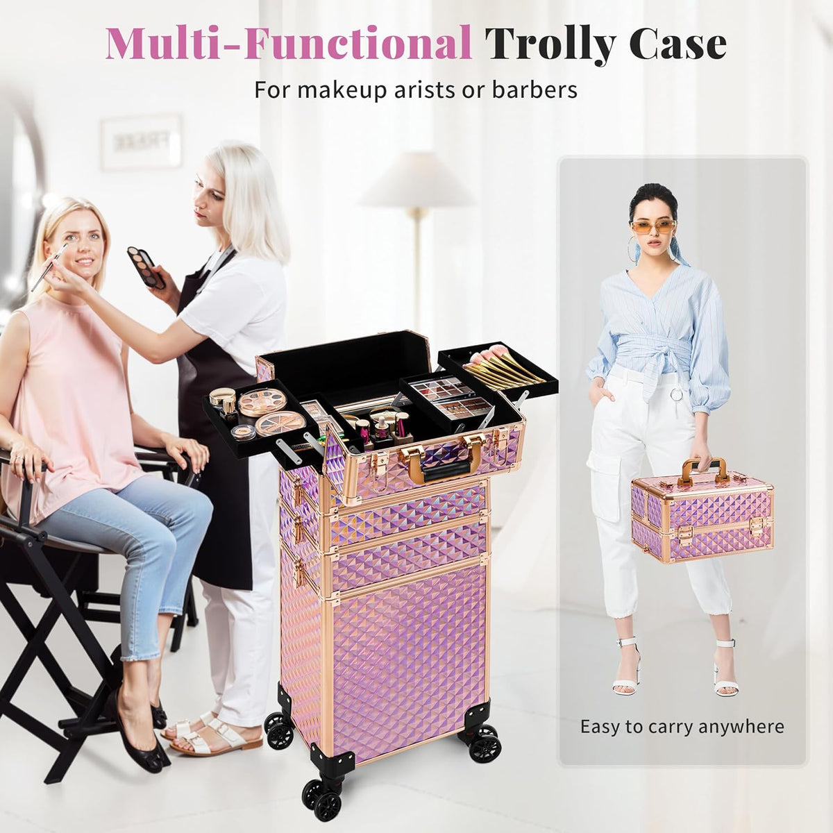 Rolling Makeup Train Case 4 in 1 Cosmetology Case on Wheels Large Storage Cosmetic Trolley with Key Salon Barber Case Traveling Cart Trunk, Pink