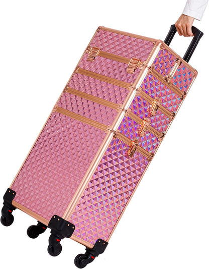 Rolling Makeup Train Case 4 in 1 Cosmetology Case on Wheels Large Storage Cosmetic Trolley with Key Salon Barber Case Traveling Cart Trunk, Pink