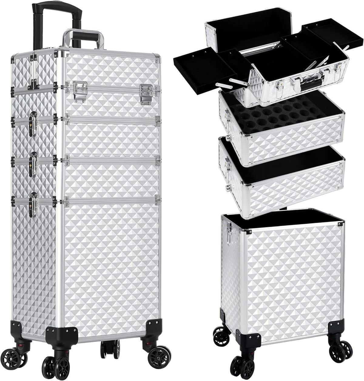Rolling Makeup Train Case 4 in 1 Cosmetology Case on Wheels Large Storage Cosmetic Trolley with Key Salon Barber Case Traveling Cart Trunk, Pink