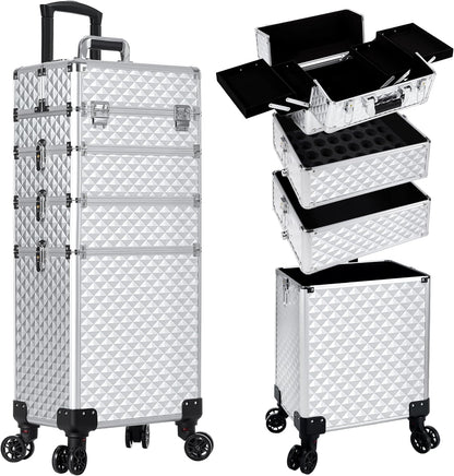 Rolling Makeup Train Case 4 in 1 Cosmetology Case on Wheels Large Storage Cosmetic Trolley with Key Salon Barber Case Traveling Cart Trunk, Pink