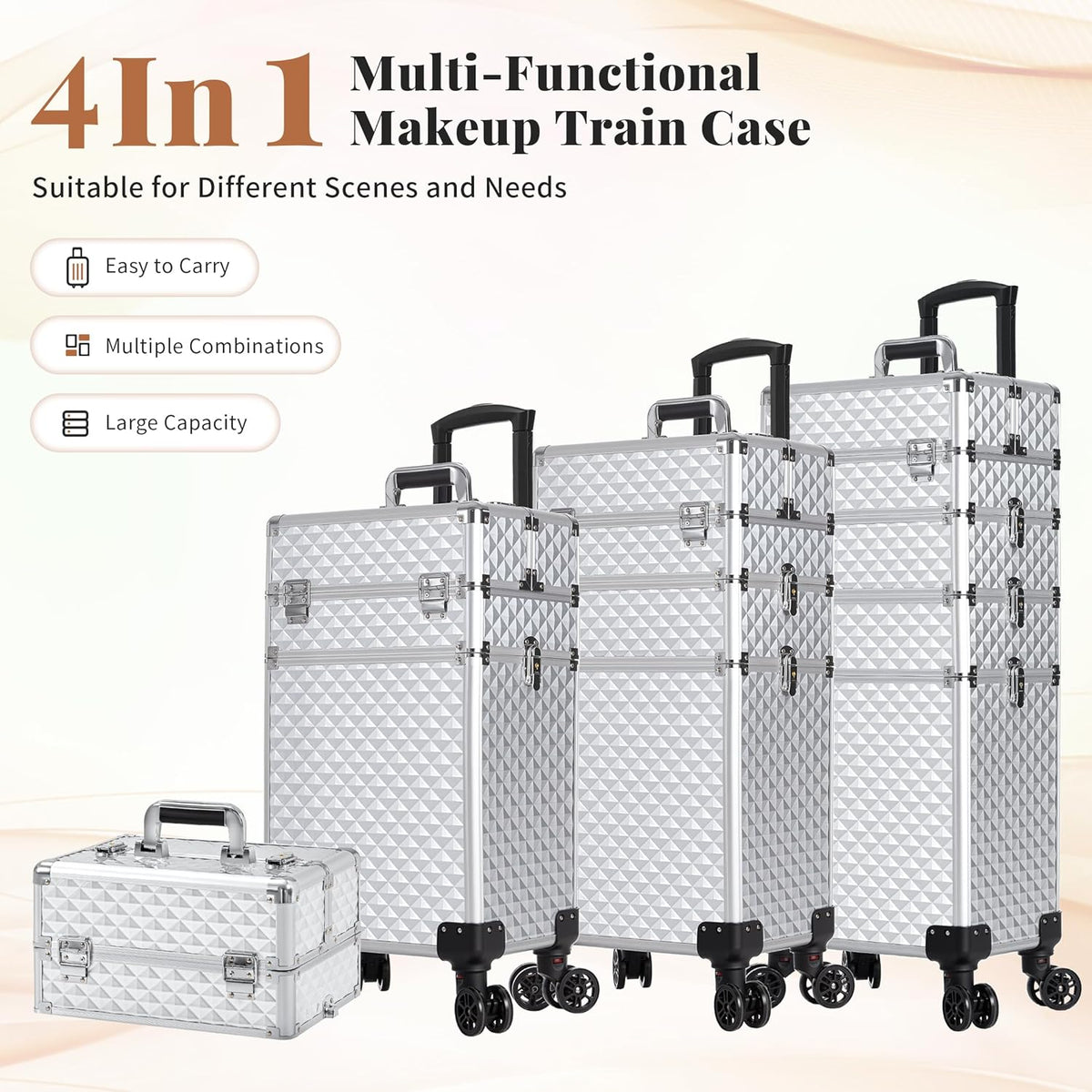 Rolling Makeup Train Case 4 in 1 Cosmetology Case on Wheels Large Storage Cosmetic Trolley with Key Salon Barber Case Traveling Cart Trunk, Pink