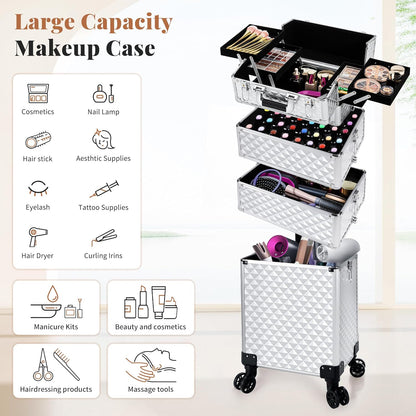 Rolling Makeup Train Case 4 in 1 Cosmetology Case on Wheels Large Storage Cosmetic Trolley with Key Salon Barber Case Traveling Cart Trunk, Pink