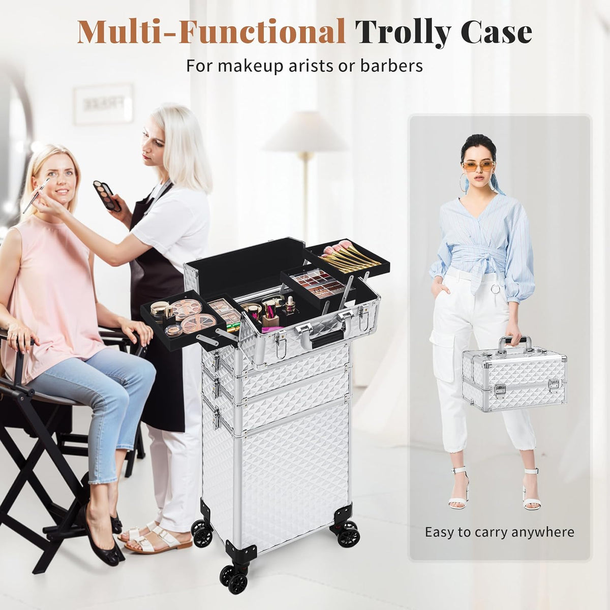 Rolling Makeup Train Case 4 in 1 Cosmetology Case on Wheels Large Storage Cosmetic Trolley with Key Salon Barber Case Traveling Cart Trunk, Pink