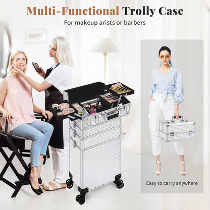 Rolling Makeup Train Case 4 in 1 Cosmetology Case on Wheels Large Storage Cosmetic Trolley with Key Salon Barber Case Traveling Cart Trunk, Pink