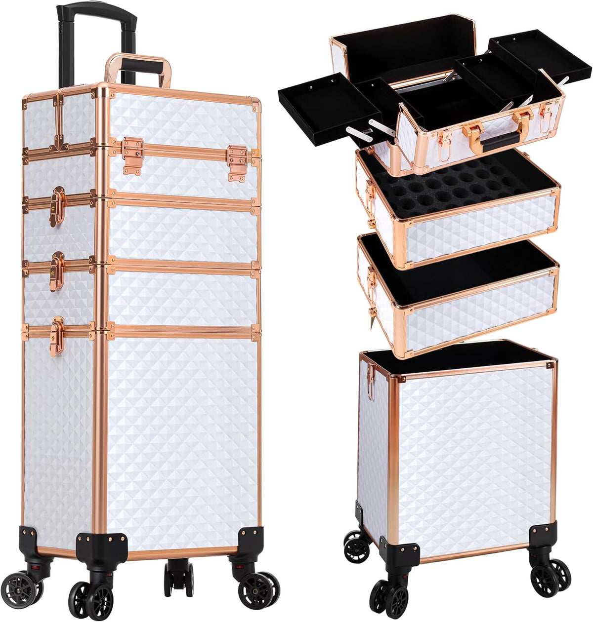 Rolling Makeup Train Case 4 in 1 Cosmetology Case on Wheels Large Storage Cosmetic Trolley with Key Salon Barber Case Traveling Cart Trunk, Pink