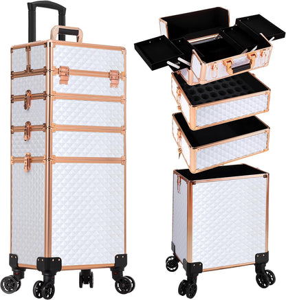 Rolling Makeup Train Case 4 in 1 Cosmetology Case on Wheels Large Storage Cosmetic Trolley with Key Salon Barber Case Traveling Cart Trunk, Pink