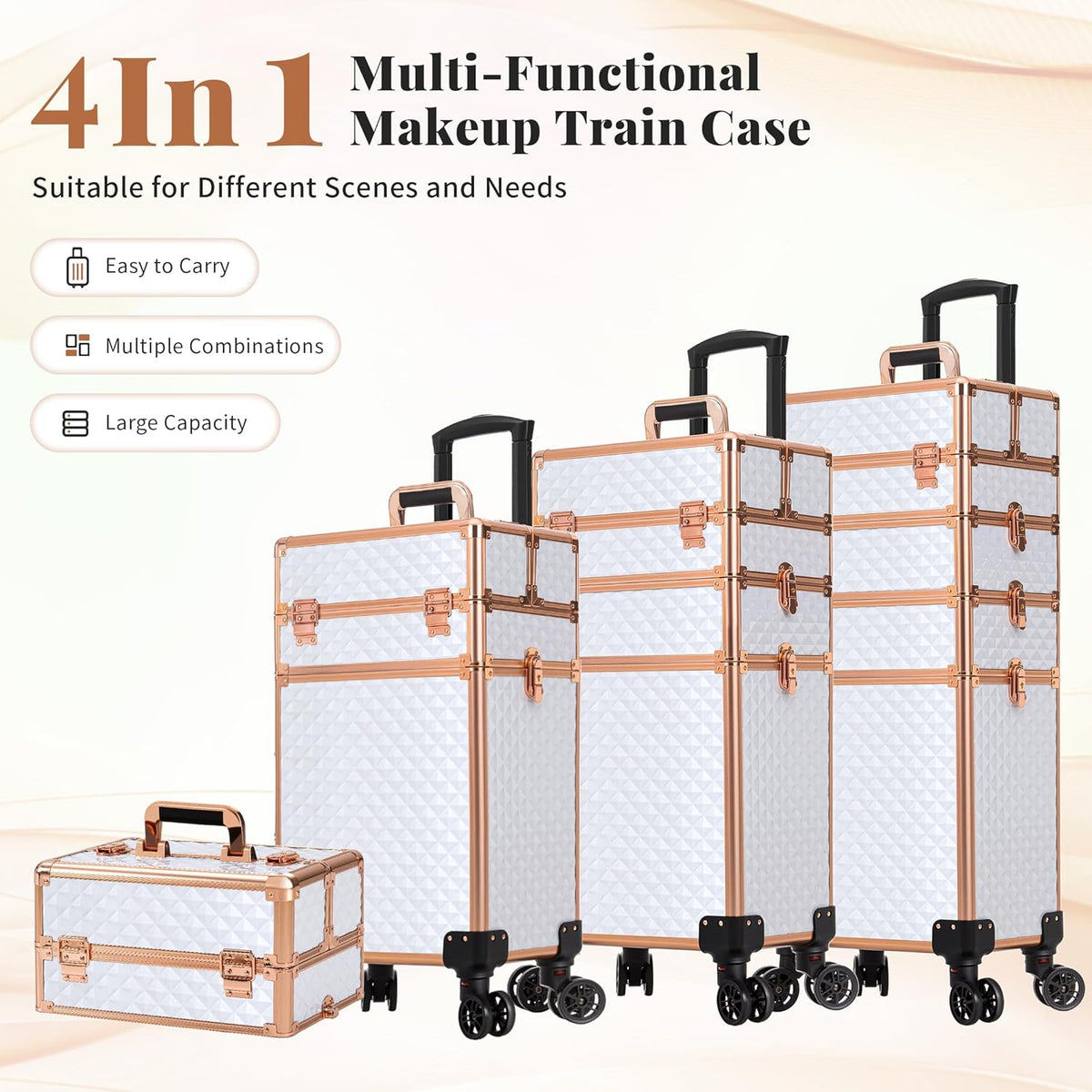 Rolling Makeup Train Case 4 in 1 Cosmetology Case on Wheels Large Storage Cosmetic Trolley with Key Salon Barber Case Traveling Cart Trunk, Pink
