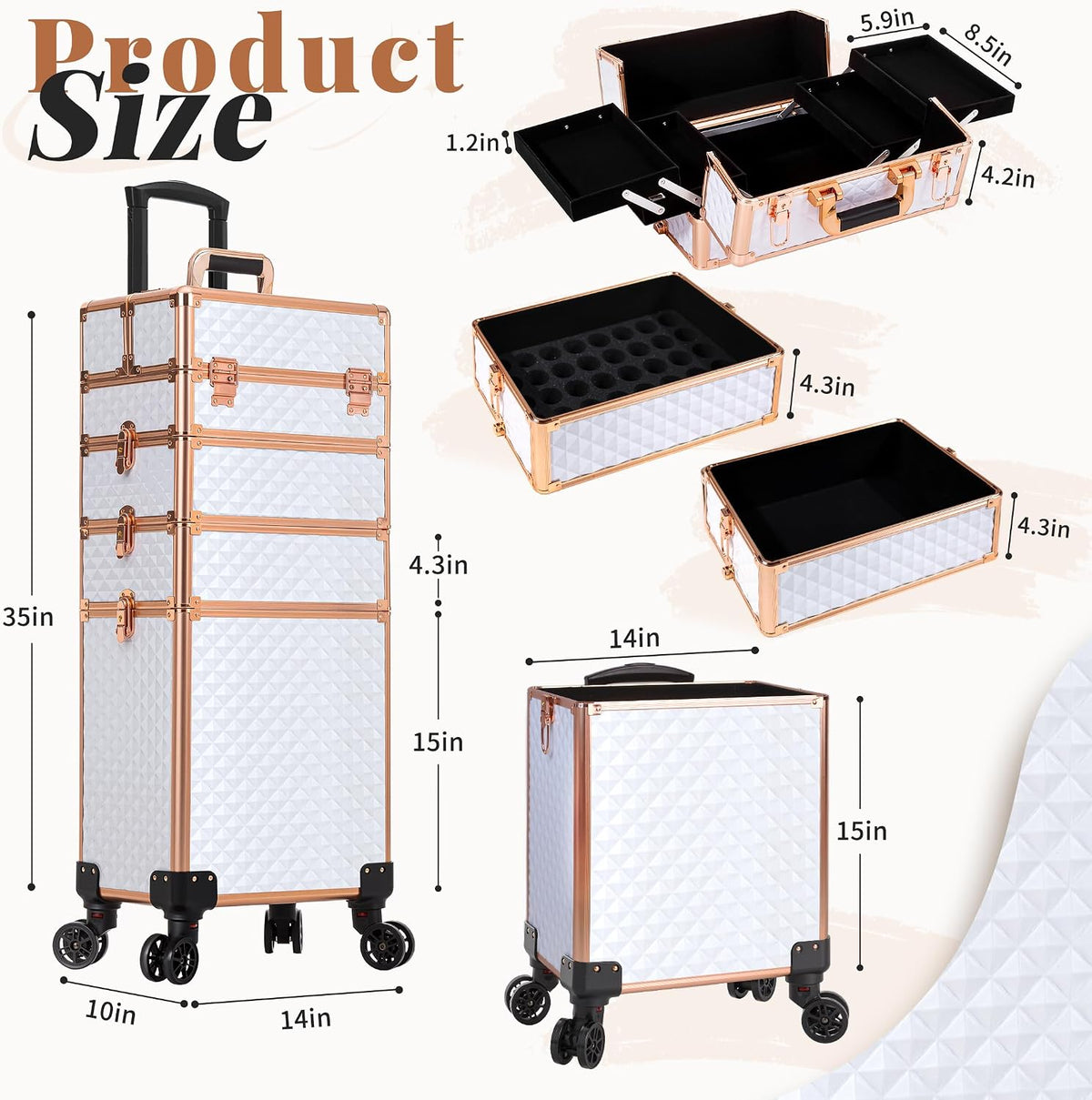 Rolling Makeup Train Case 4 in 1 Cosmetology Case on Wheels Large Storage Cosmetic Trolley with Key Salon Barber Case Traveling Cart Trunk, Pink