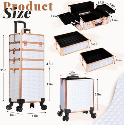 Rolling Makeup Train Case 4 in 1 Cosmetology Case on Wheels Large Storage Cosmetic Trolley with Key Salon Barber Case Traveling Cart Trunk, Pink
