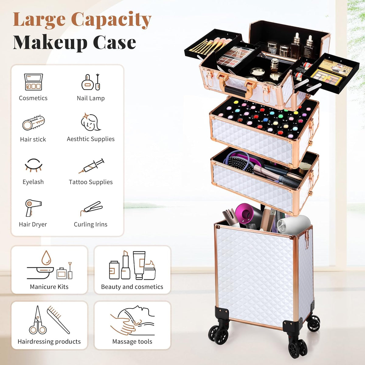 Rolling Makeup Train Case 4 in 1 Cosmetology Case on Wheels Large Storage Cosmetic Trolley with Key Salon Barber Case Traveling Cart Trunk, Pink