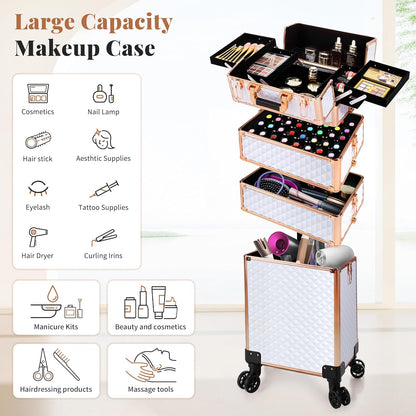 Rolling Makeup Train Case 4 in 1 Cosmetology Case on Wheels Large Storage Cosmetic Trolley with Key Salon Barber Case Traveling Cart Trunk, Pink