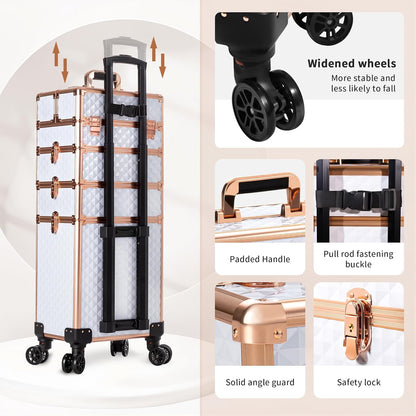 Rolling Makeup Train Case 4 in 1 Cosmetology Case on Wheels Large Storage Cosmetic Trolley with Key Salon Barber Case Traveling Cart Trunk, Pink