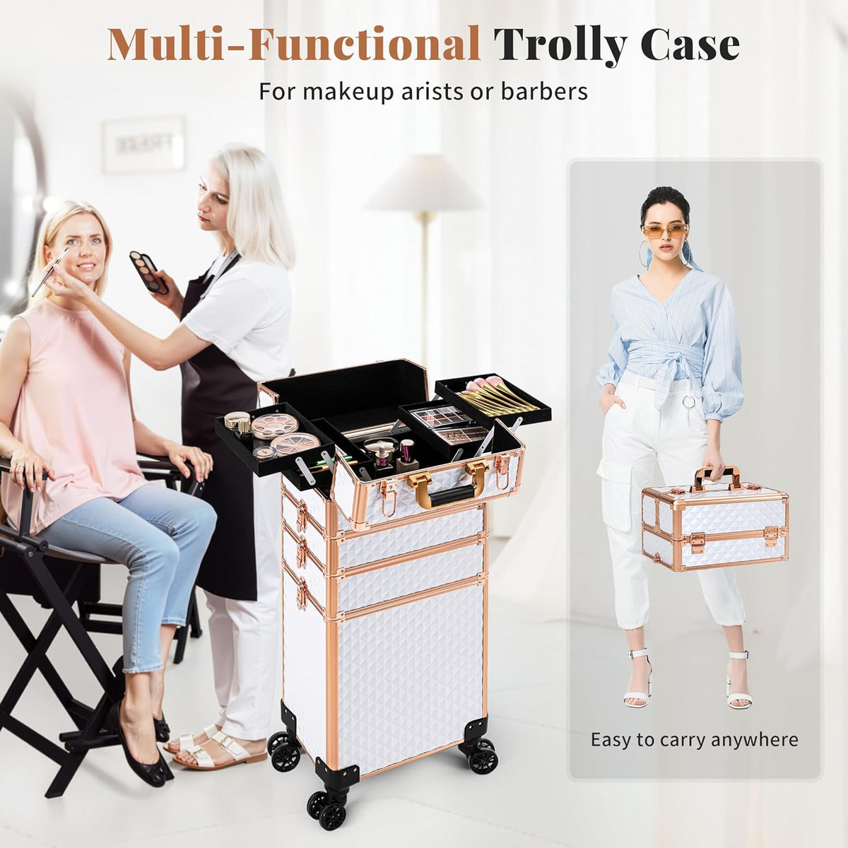 Rolling Makeup Train Case 4 in 1 Cosmetology Case on Wheels Large Storage Cosmetic Trolley with Key Salon Barber Case Traveling Cart Trunk, Pink