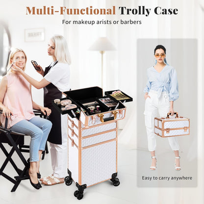Rolling Makeup Train Case 4 in 1 Cosmetology Case on Wheels Large Storage Cosmetic Trolley with Key Salon Barber Case Traveling Cart Trunk, Pink