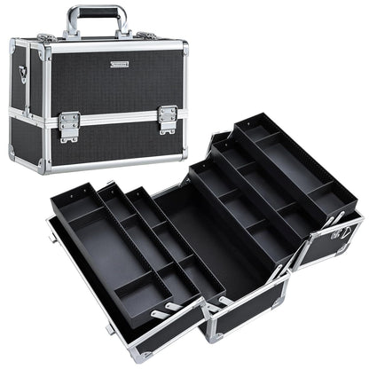 Makeup Train Case Makeup Case 12.6 Inch Large Cosmetic Box Organizer Travel Storage Professional Make Up Train Carrying Case with 6 Trays Locking Shoulder Strap Hard Vanity Storage Black