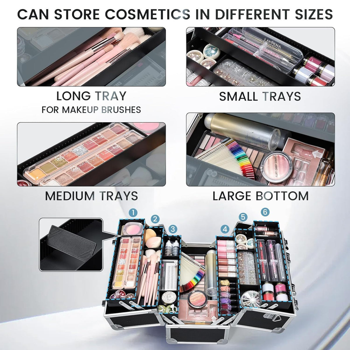 Makeup Train Case Makeup Case 12.6 Inch Large Cosmetic Box Organizer Travel Storage Professional Make Up Train Carrying Case with 6 Trays Locking Shoulder Strap Hard Vanity Storage Black