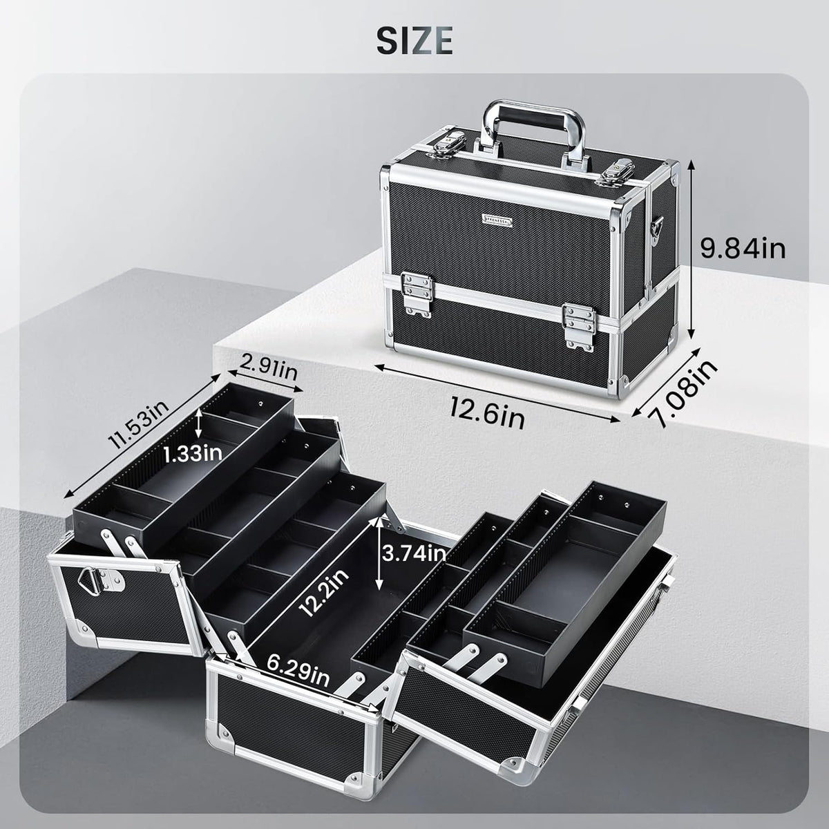 Makeup Train Case Makeup Case 12.6 Inch Large Cosmetic Box Organizer Travel Storage Professional Make Up Train Carrying Case with 6 Trays Locking Shoulder Strap Hard Vanity Storage Black