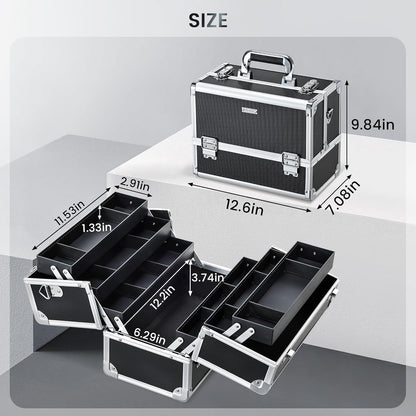 Makeup Train Case Makeup Case 12.6 Inch Large Cosmetic Box Organizer Travel Storage Professional Make Up Train Carrying Case with 6 Trays Locking Shoulder Strap Hard Vanity Storage Black
