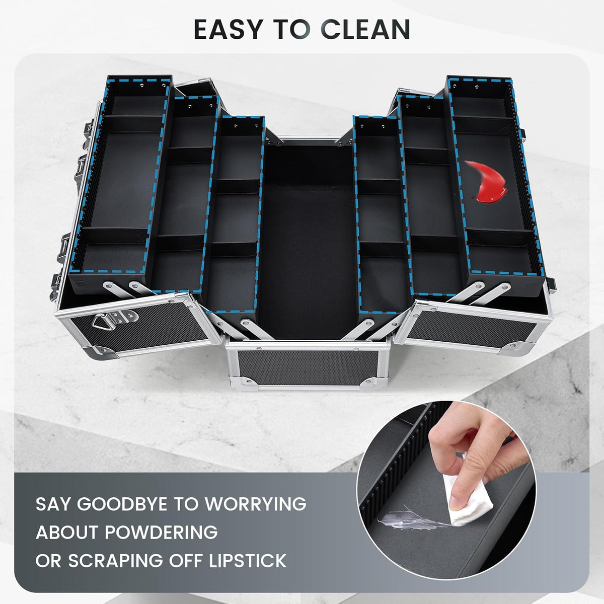 Makeup Train Case Makeup Case 12.6 Inch Large Cosmetic Box Organizer Travel Storage Professional Make Up Train Carrying Case with 6 Trays Locking Shoulder Strap Hard Vanity Storage Black