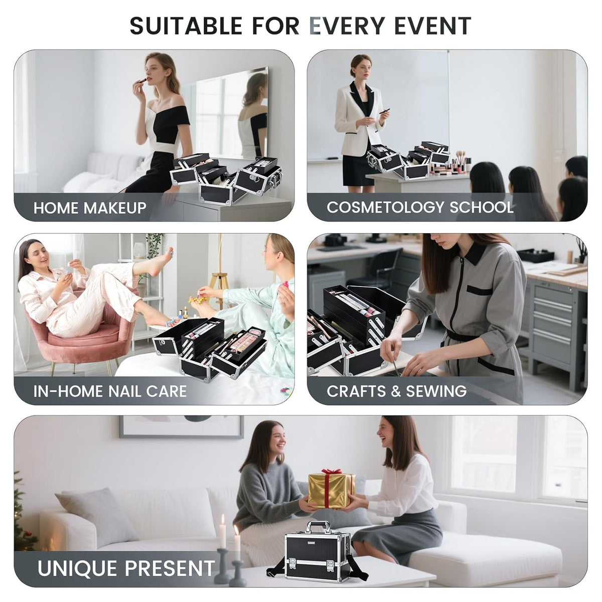 Makeup Train Case Makeup Case 12.6 Inch Large Cosmetic Box Organizer Travel Storage Professional Make Up Train Carrying Case with 6 Trays Locking Shoulder Strap Hard Vanity Storage Black