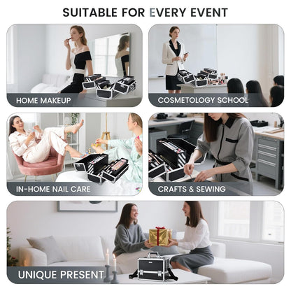 Makeup Train Case Makeup Case 12.6 Inch Large Cosmetic Box Organizer Travel Storage Professional Make Up Train Carrying Case with 6 Trays Locking Shoulder Strap Hard Vanity Storage Black