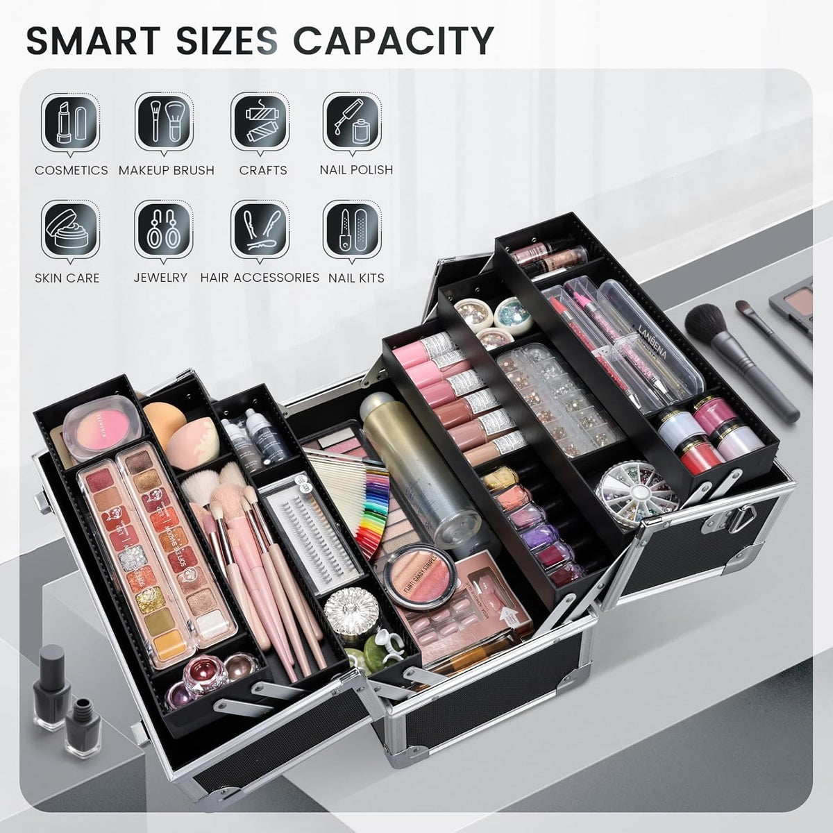 Makeup Train Case Makeup Case 12.6 Inch Large Cosmetic Box Organizer Travel Storage Professional Make Up Train Carrying Case with 6 Trays Locking Shoulder Strap Hard Vanity Storage Black