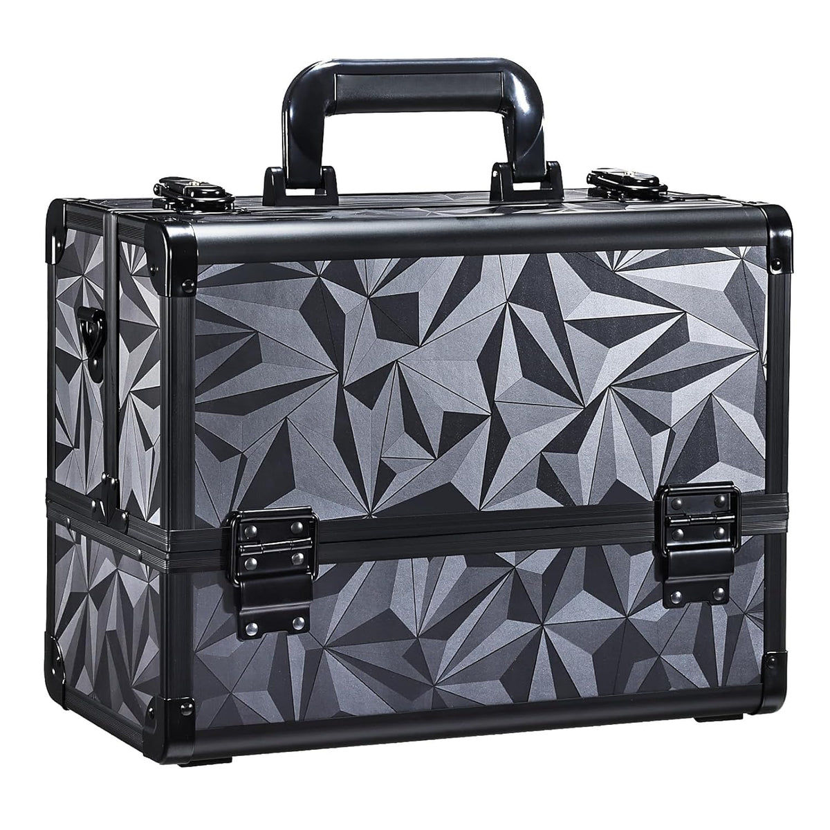 Makeup Train Case Makeup Case 12.6 Inch Large Cosmetic Box Organizer Travel Storage Professional Make Up Train Carrying Case with 6 Trays Locking Shoulder Strap Hard Vanity Storage Black