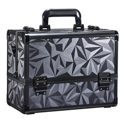 Makeup Train Case Makeup Case 12.6 Inch Large Cosmetic Box Organizer Travel Storage Professional Make Up Train Carrying Case with 6 Trays Locking Shoulder Strap Hard Vanity Storage Black