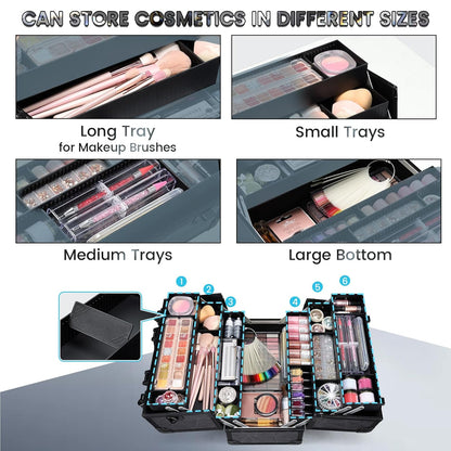 Makeup Train Case Makeup Case 12.6 Inch Large Cosmetic Box Organizer Travel Storage Professional Make Up Train Carrying Case with 6 Trays Locking Shoulder Strap Hard Vanity Storage Black
