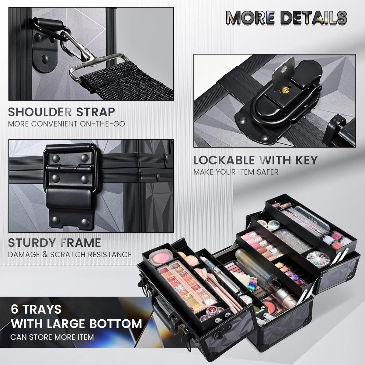 Makeup Train Case Makeup Case 12.6 Inch Large Cosmetic Box Organizer Travel Storage Professional Make Up Train Carrying Case with 6 Trays Locking Shoulder Strap Hard Vanity Storage Black