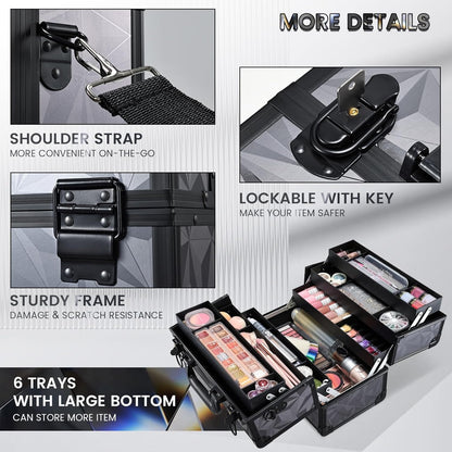 Makeup Train Case Makeup Case 12.6 Inch Large Cosmetic Box Organizer Travel Storage Professional Make Up Train Carrying Case with 6 Trays Locking Shoulder Strap Hard Vanity Storage Black