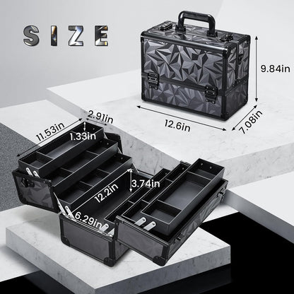 Makeup Train Case Makeup Case 12.6 Inch Large Cosmetic Box Organizer Travel Storage Professional Make Up Train Carrying Case with 6 Trays Locking Shoulder Strap Hard Vanity Storage Black