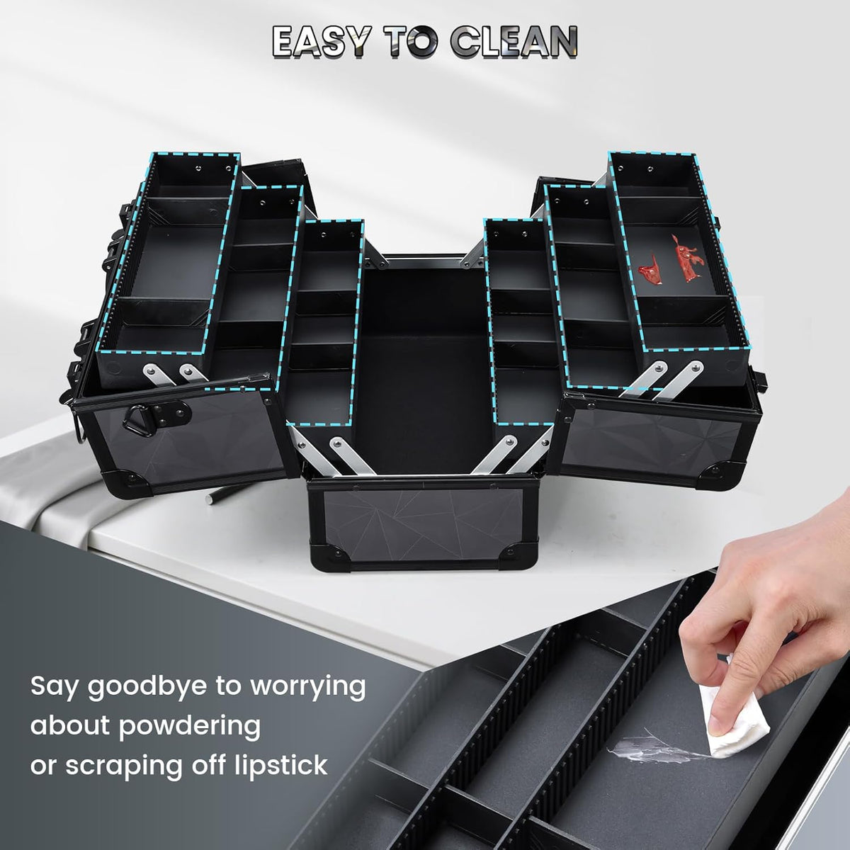 Makeup Train Case Makeup Case 12.6 Inch Large Cosmetic Box Organizer Travel Storage Professional Make Up Train Carrying Case with 6 Trays Locking Shoulder Strap Hard Vanity Storage Black